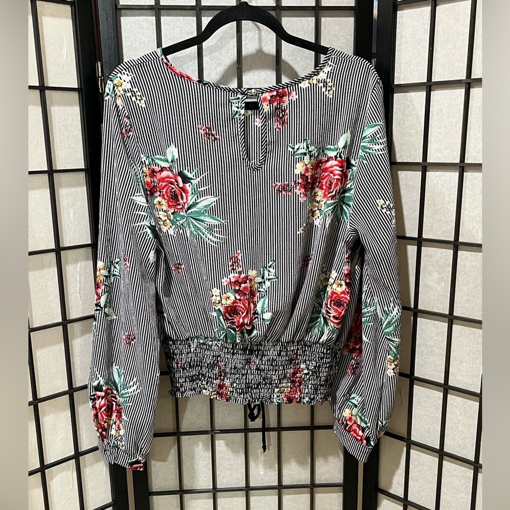 MILEY + MOLLY Black Lace-Up Striped VIBRANT Floral Blouse WOMEN SIZE XL